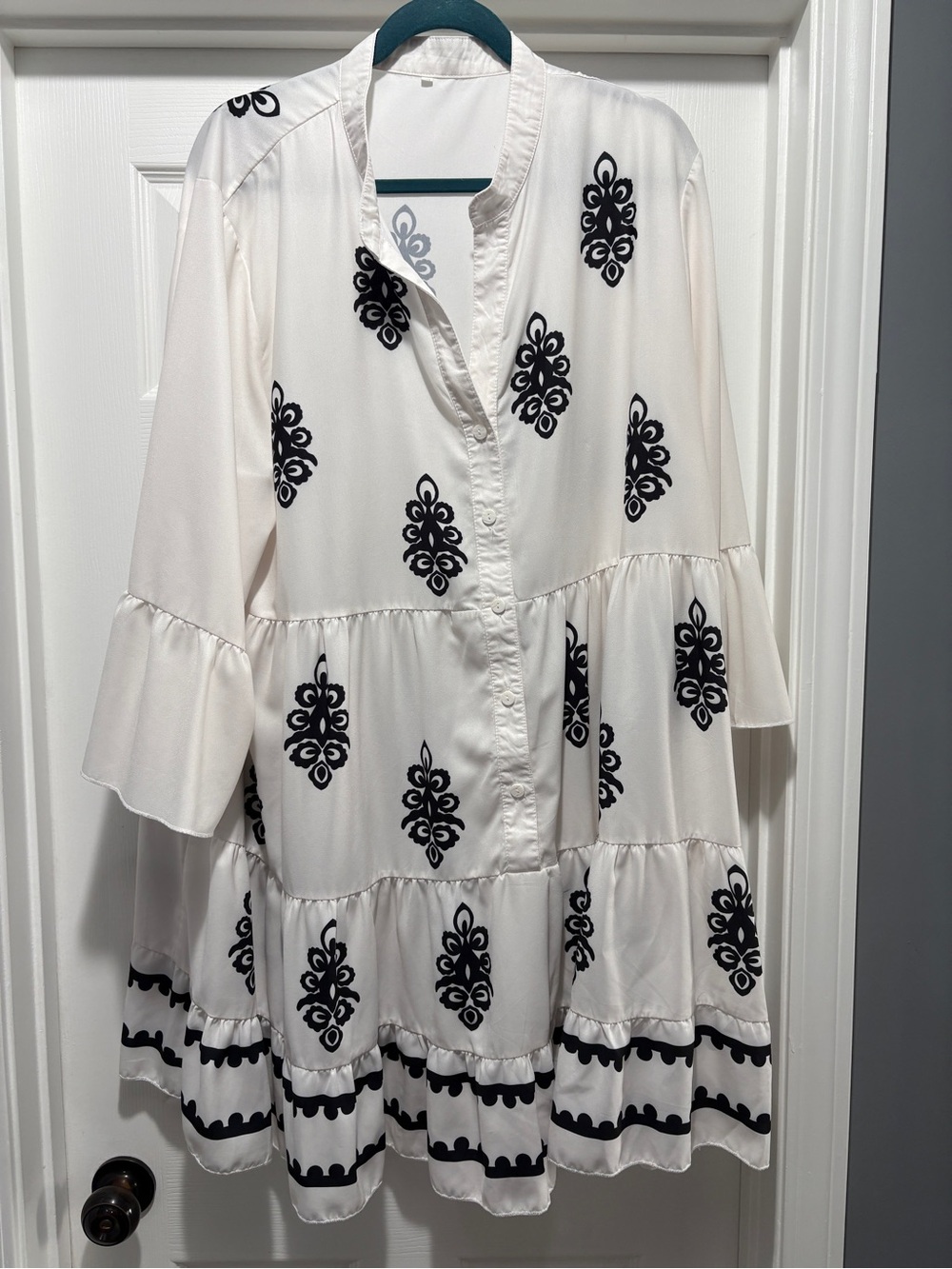 Amazon White Tiered Button-Front Dress with Black Embroidered Motifs